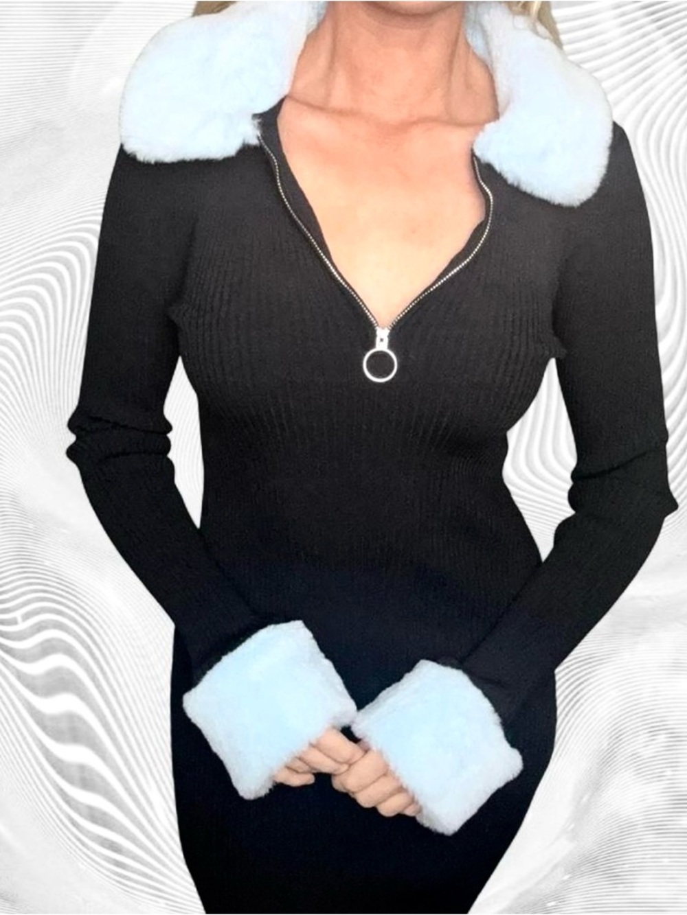 Source Unknown Black Ribbed Midi Dress with Light Blue Faux Fur Collar & Cuffs